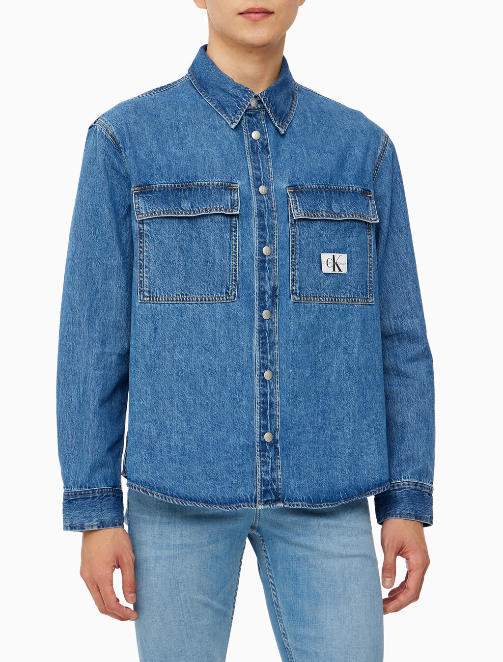 Buy 남성 릴렉스핏 데님 셔츠 in color MID BLUE BACK EMBRO