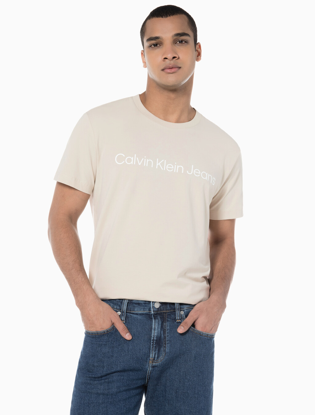 Buy 남성 레귤러핏 인스티튜셔널 로고 스트레치 반팔 티셔츠  in color CLASSIC BEIGE