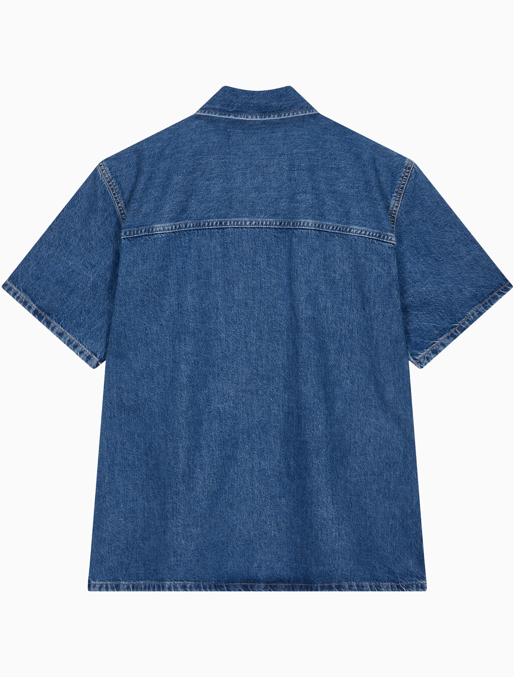 Buy 남성 데님 캠프 반팔 셔츠 in color MID BLUE BACK EMBRO