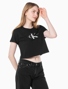 Buy 여성 모노그램 릴렉스핏 크롭 반팔 티셔츠 in color CK BLACK