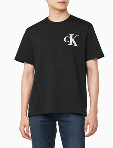 Buy 남성 릴렉스핏 바시티 CK 로고 패치 반팔 티셔츠 in color BLACK