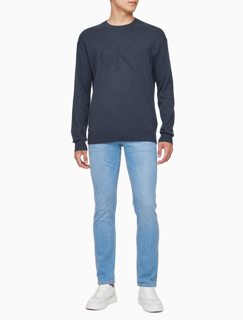 Buy 남성 CK 인타르시아 믹스 스티치 스웨터 in color NAVY