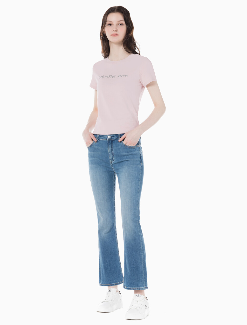 Buy 여성 하이라이즈 바디슬림 부츠핏 앵클 미드블루  데님 in color MID BLUE BACK EMBRO