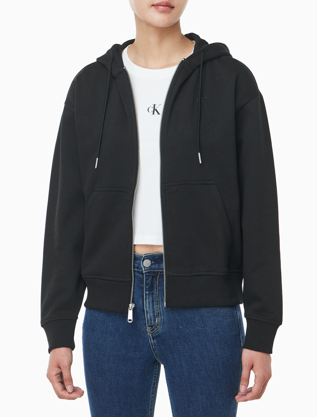 Buy 여성 아카이브 로고 프렌치 테리 풀집업 후디 in color BLACK
