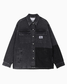 Buy 남성 오버사이즈 유틸리티 블랙 데님 셔츠 재킷 in color GREY STEPPED RELEASE HEM