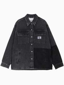 Buy 남성 오버사이즈 유틸리티 블랙 데님 셔츠 재킷 in color GREY STEPPED RELEASE HEM