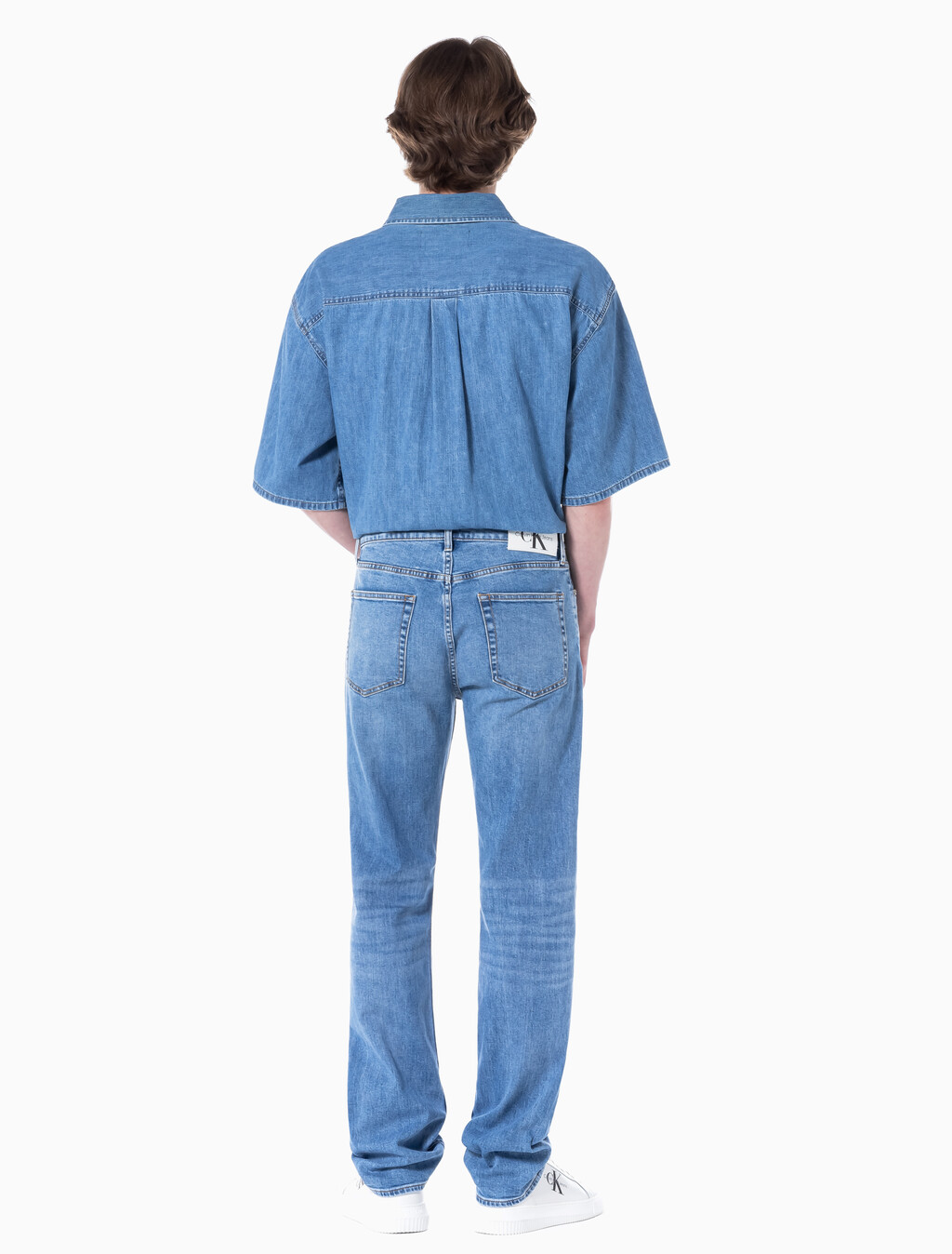 Buy 남성 스탠다드 스트레이트핏 미드블루 워시 데님 in color MID BLUE BACK EMBRO