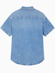 Buy 남성 블루 텐셀 반팔 데님 셔츠 in color BLUE RETROGRADE