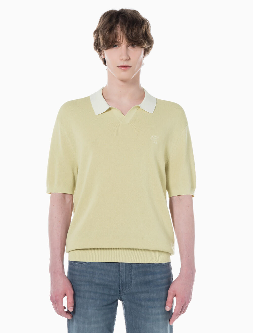 Buy 남성 로고 오픈 카라 폴로 반팔 스웨터 in color GREEN