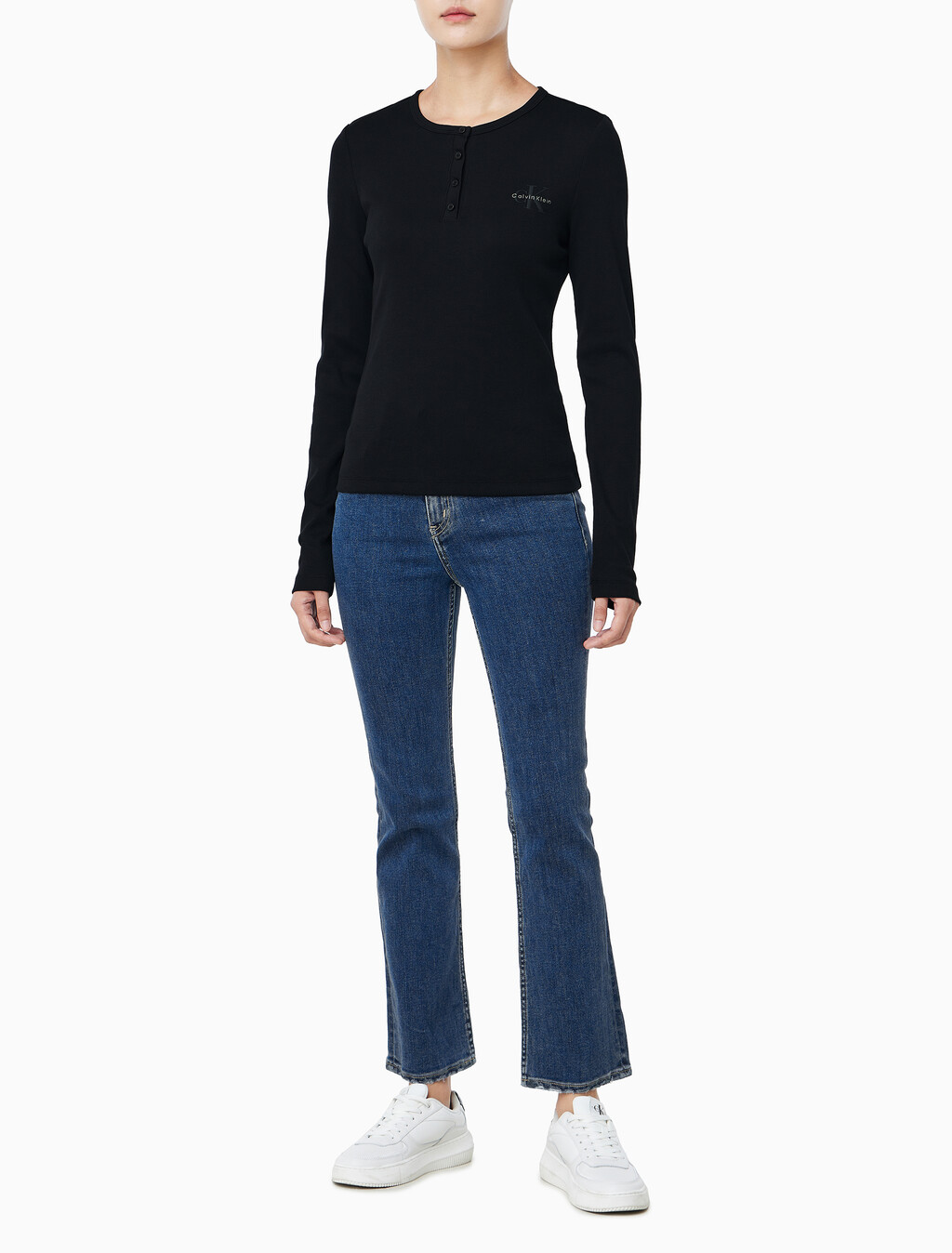 Buy 여성 모노그램 롱슬리브 헨리넥 티셔츠 in color BLACK