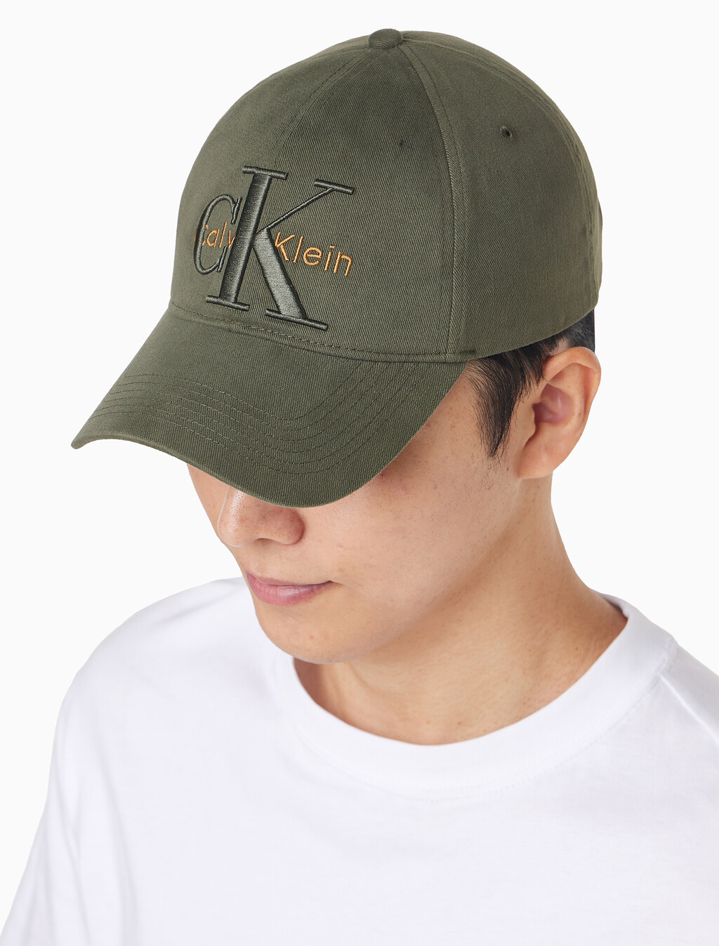 Buy 남녀공용  라지 레이어드 모노그램 자수 로고 볼캡 in color KHAKI