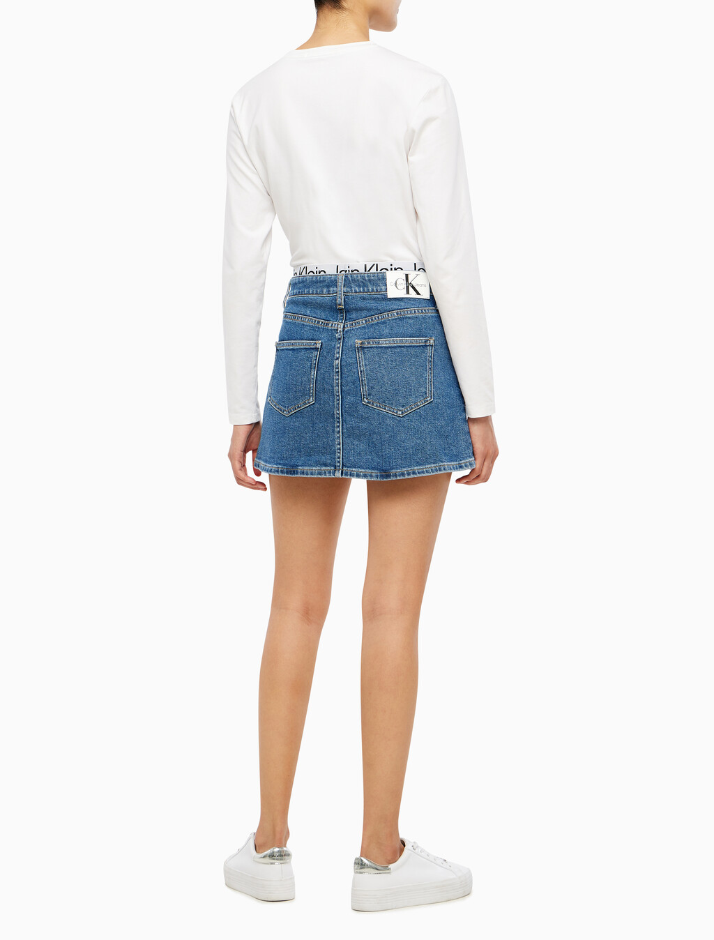Buy 여성 로우 라이즈 A라인 데님 스커트 in color MID BLUE BACK EMBRO
