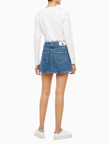 Buy 여성 로우 라이즈 A라인 데님 스커트 in color MID BLUE BACK EMBRO