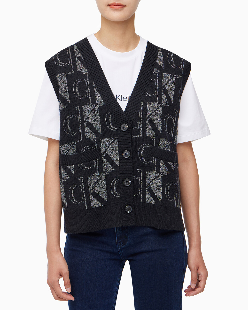 Buy 여성 프리미엄 라인 메탈릭 올오버프린트 베스트 in color CK BLACK
