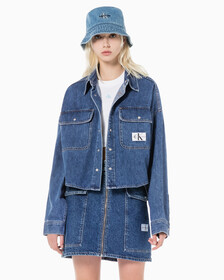 Buy 여성 오버사이즈핏 미드블루 크롭 데님 재킷 in color MID BLUE BACK EMBRO