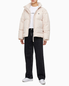 Buy 여성 숏 렝스 스탠드 카라 푸퍼 다운 재킷 in color PINK BEIGE