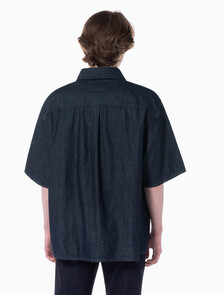 Buy 남성 캠프 반팔 데님 셔츠 in color BLUE BLACK HANGER LOOP