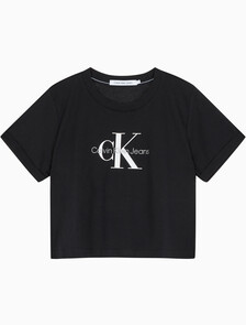 Buy 여성 모노그램 릴렉스핏 크롭 반팔 티셔츠 in color CK BLACK
