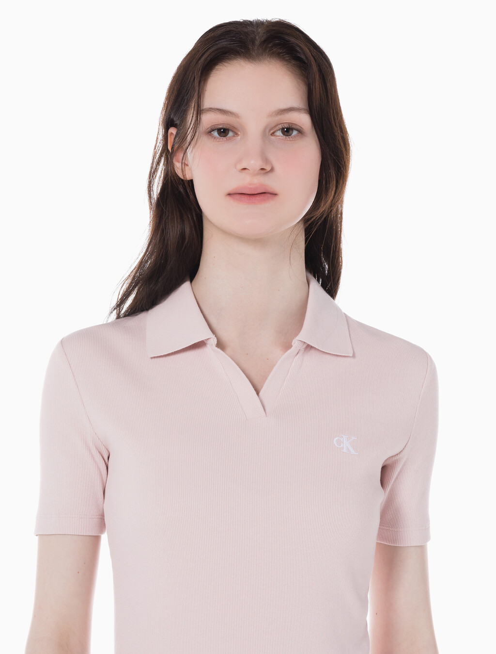 Buy 여성 슬림핏 립 브이넥 폴로 티셔츠 in color PINK