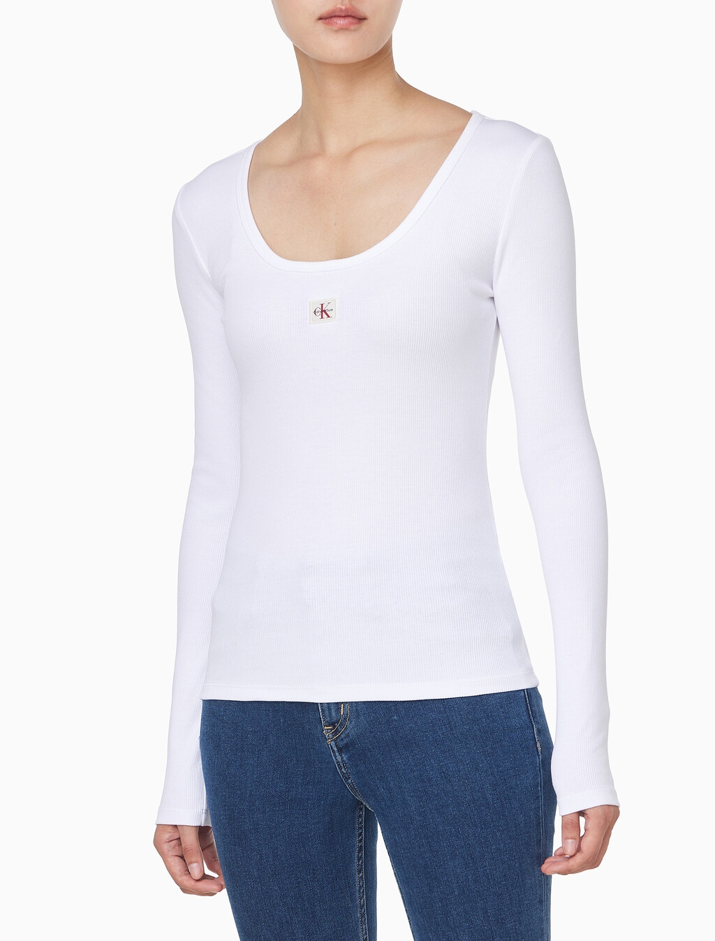 Buy 여성 L/S 우블 라벨 스쿱넥 립 티셔츠 in color BRILLIANT WHITE