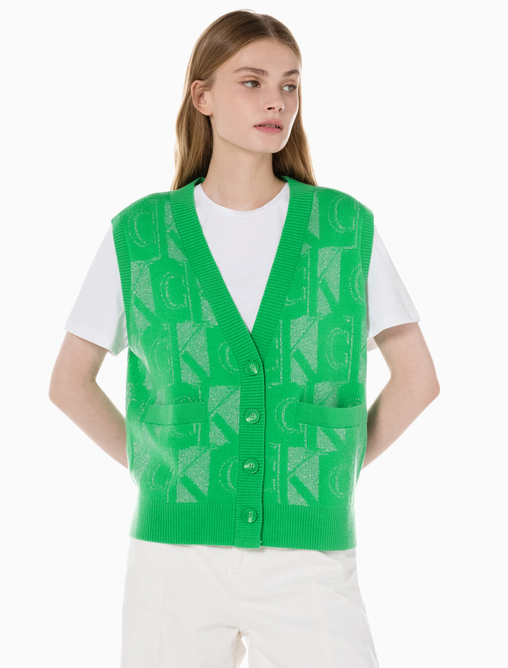 Buy 여성 프리미엄 라인 메탈릭 올오버프린트 베스트 in color GREEN