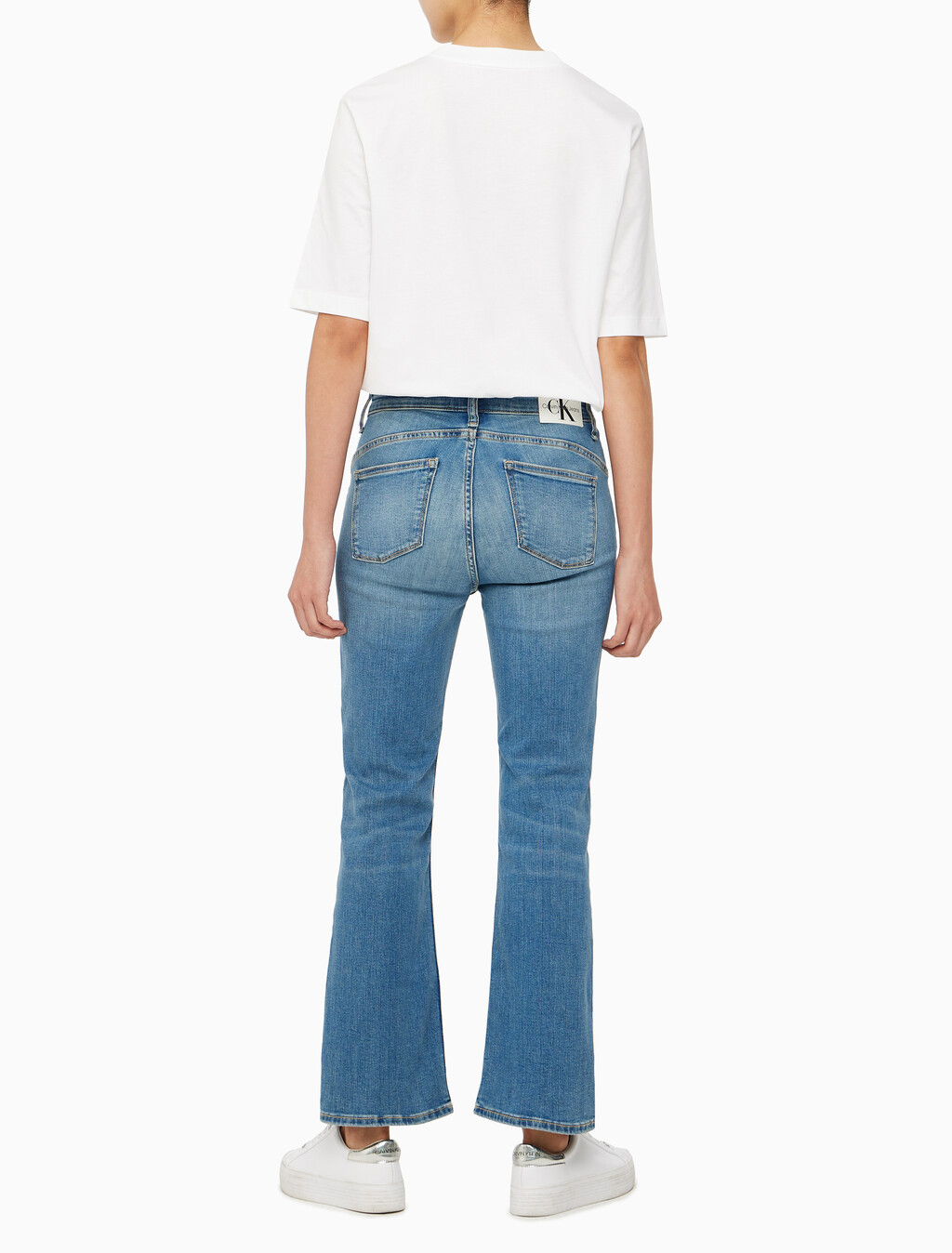 Buy 여성 하이라이즈 바디슬림 부츠핏 앵클 미드블루  데님 in color MID BLUE BACK EMBRO