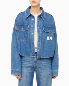 Buy 여성 오버사이즈핏 미드블루 크롭 데님 재킷 in color MID BLUE BACK EMBRO