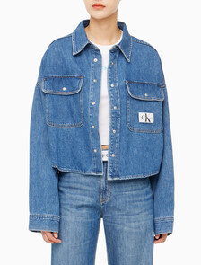 Buy 여성 오버사이즈핏 미드블루 크롭 데님 재킷 in color MID BLUE BACK EMBRO