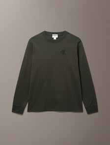 Buy 남성 릴렉스 벨벳 백 모노로고 그래픽 긴팔 티셔츠 in color Green Stone 