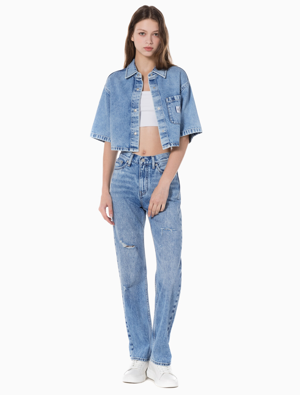Buy 여성 하이라이즈 스트레이트핏 라이트블루 데님 in color CHALKY BLUE