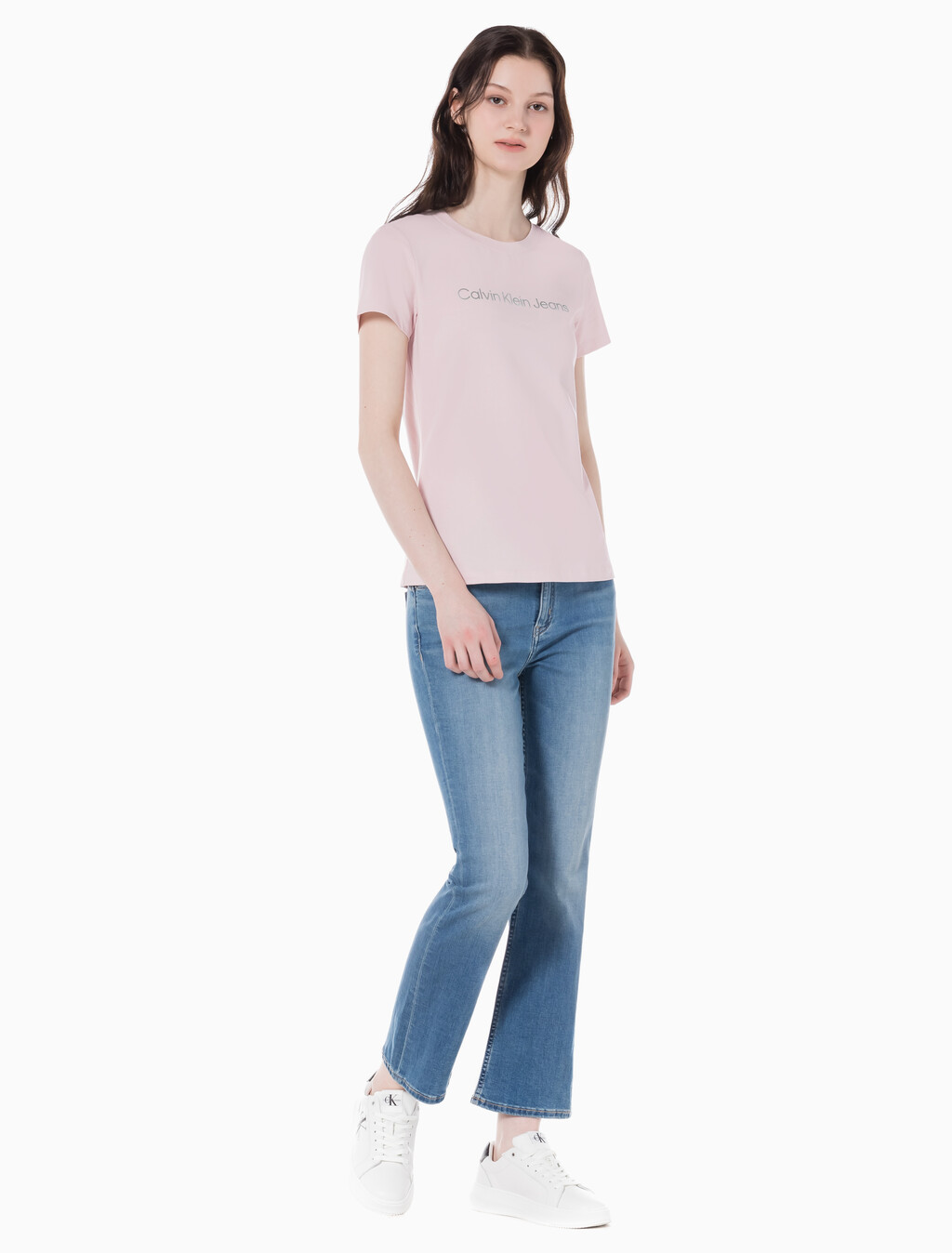 Buy 여성 하이라이즈 바디슬림 부츠핏 앵클 미드블루  데님 in color MID BLUE BACK EMBRO