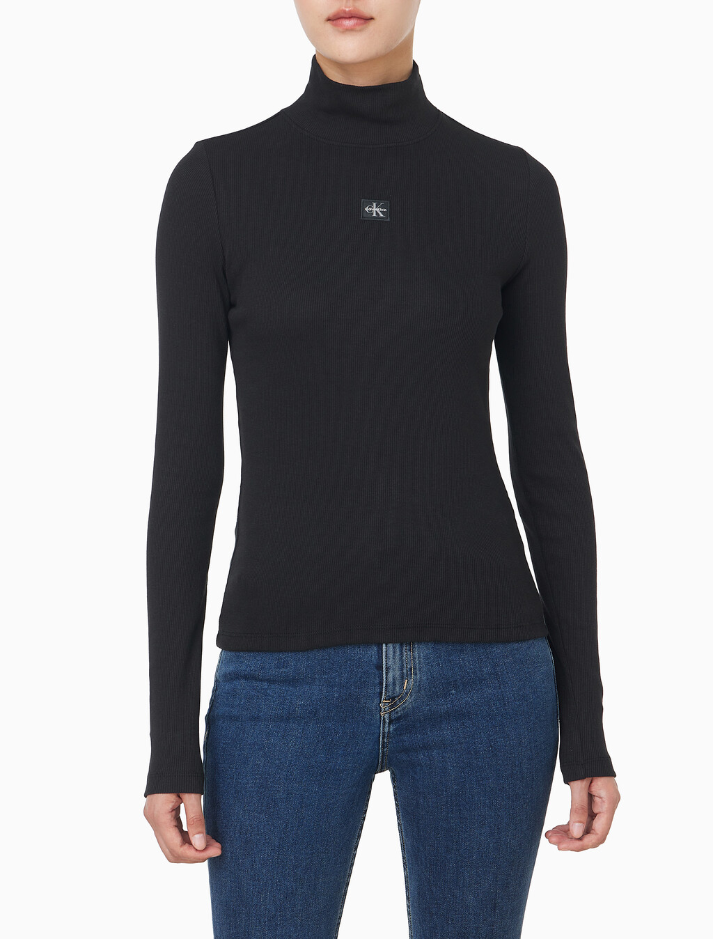 Buy 여성 L/S 우븐 라벨 터틀넥 티셔츠 in color BLACK