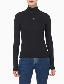 Buy 여성 L/S 우븐 라벨 터틀넥 티셔츠 in color BLACK