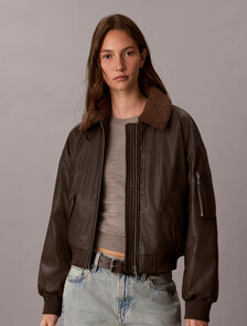 Buy 여성 페이크 레더 패디드 숏 봄버 자켓 in color Dark brown
