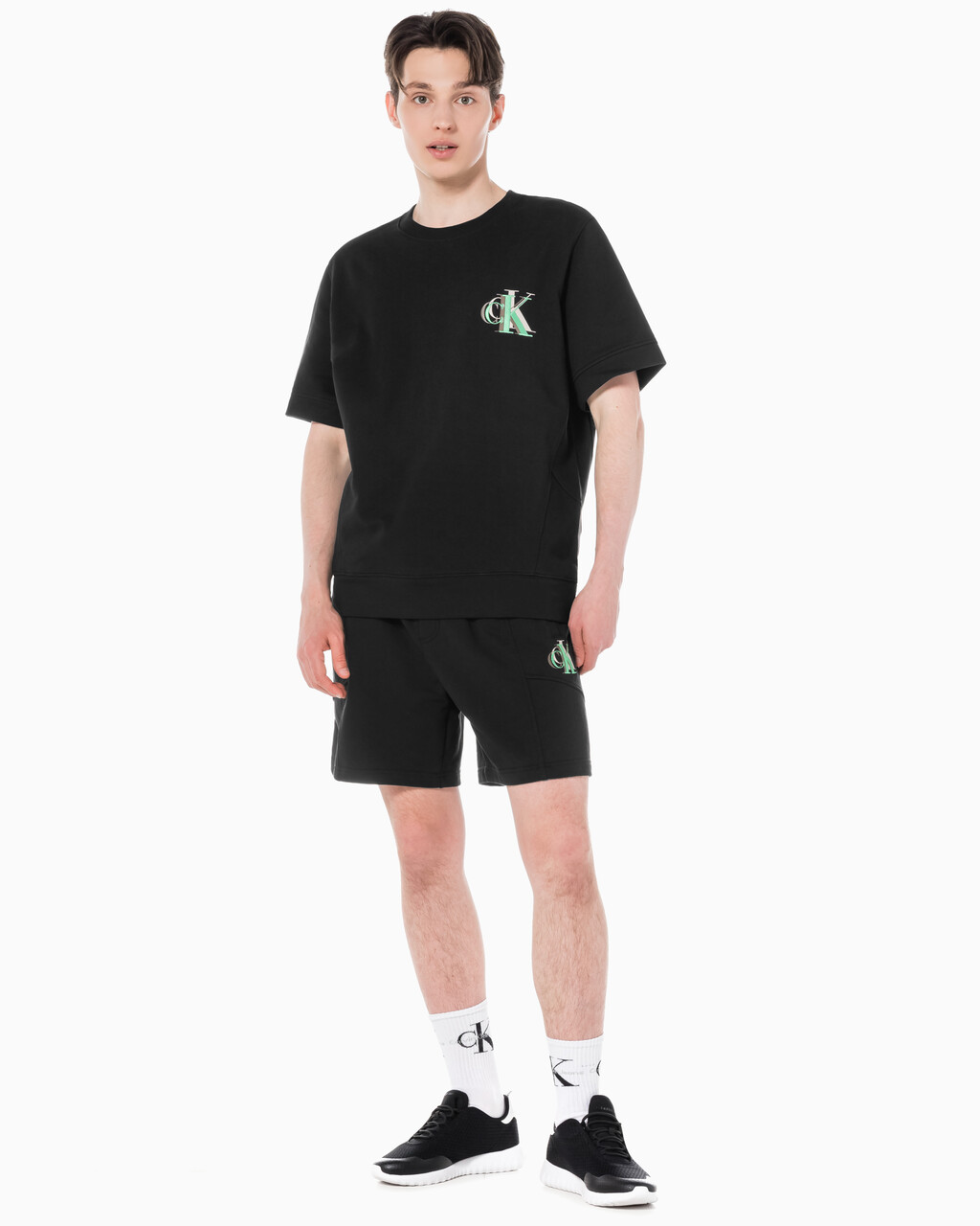 Buy 남성 시즈널 트리플 모노그램 스웨트 쇼츠 in color CK BLACK