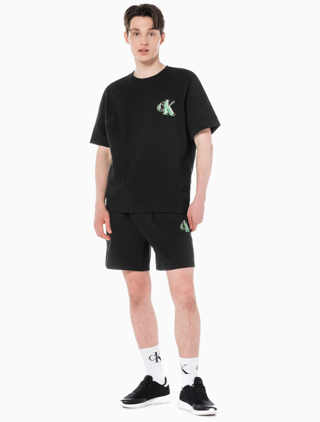 Buy 남성 시즈널 트리플 모노그램 스웨트 쇼츠 in color CK BLACK
