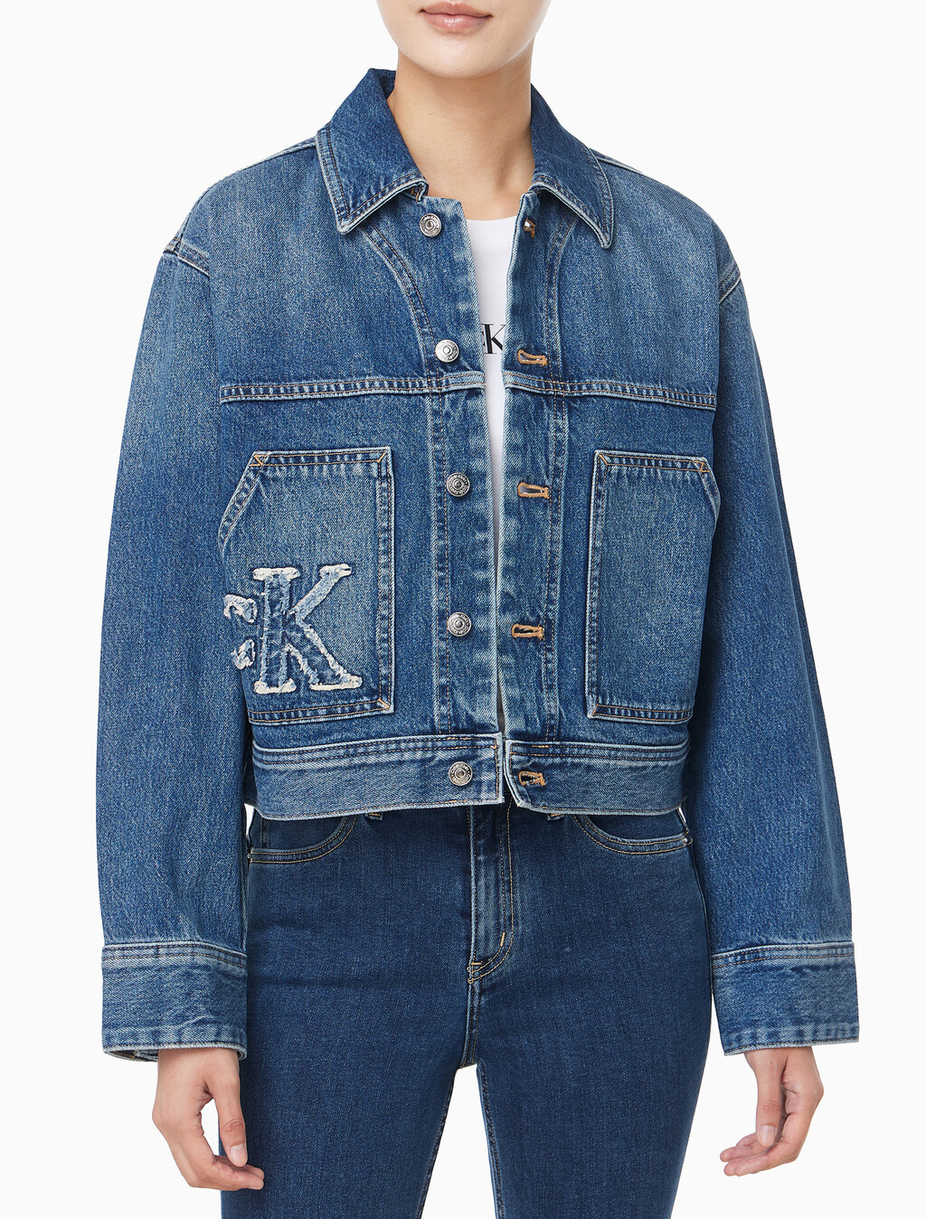 Buy 여성 워크웨어 CK 로고 데님 자켓 in color Mid blue