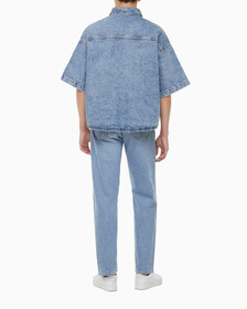 Buy 남성 오버사이즈핏 빈티지 데님 반팔 셔츠 in color MID BLUE BACK EMBRO