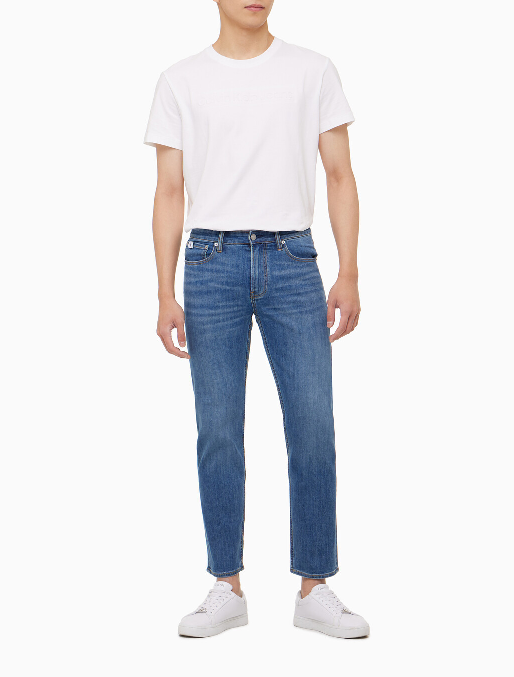 Buy 남성 슬림 스트레이트핏 미드블루 크롭 데님 in color MID BLUE BACK EMBRO