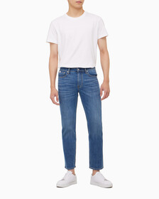 Buy 남성 슬림 스트레이트핏 미드블루 크롭 데님 in color MID BLUE BACK EMBRO