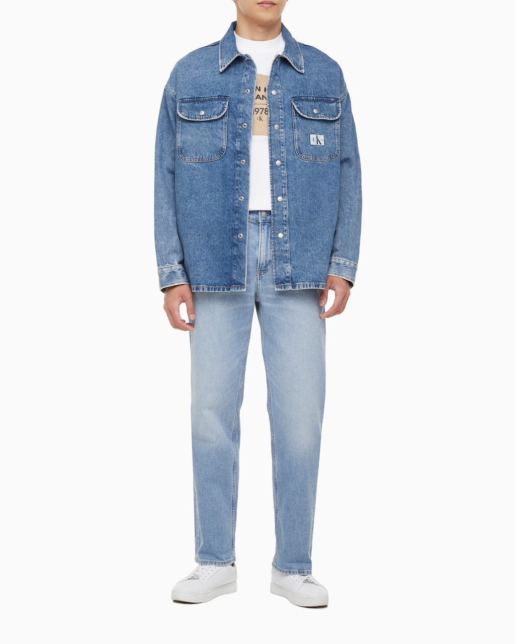 Buy 남성 박시 루즈핏 데님 셔츠 in color MID BLUE BACK EMBRO