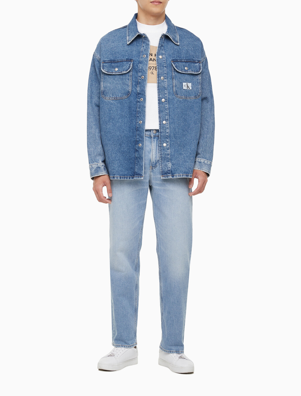 Buy 남성 박시 루즈핏 데님 셔츠 in color MID BLUE BACK EMBRO