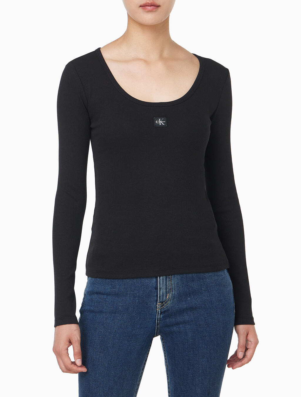 Buy 여성 L/S 우블 라벨 스쿱넥 립 티셔츠 in color BLACK