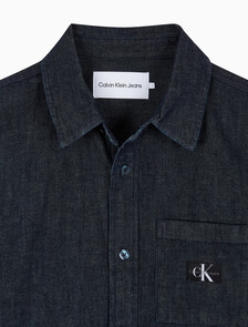 Buy 남성 캠프 반팔 데님 셔츠 in color BLUE BLACK HANGER LOOP