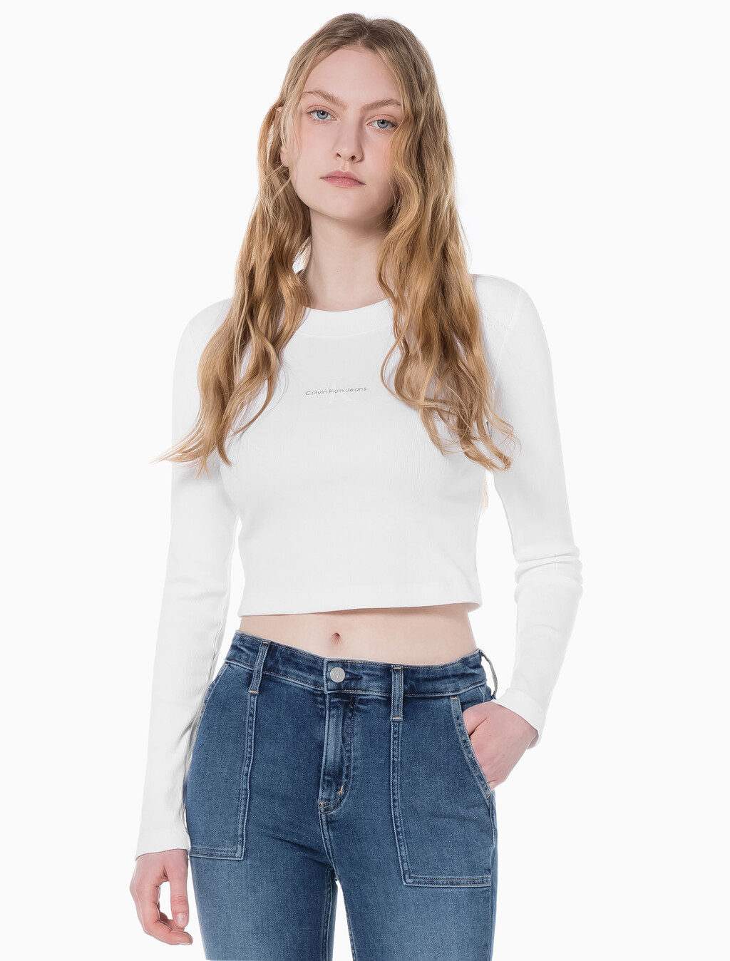 Buy 여성 롱슬리브 모노그램 베이비 티 in color BRIGHT WHITE