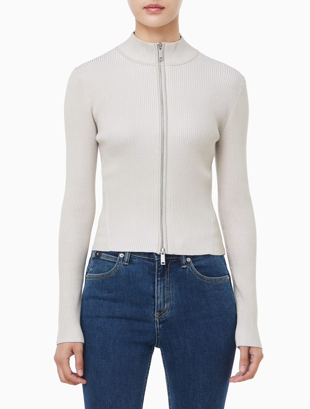 Buy 여성 L/S 풀 집업 스웨터 in color White