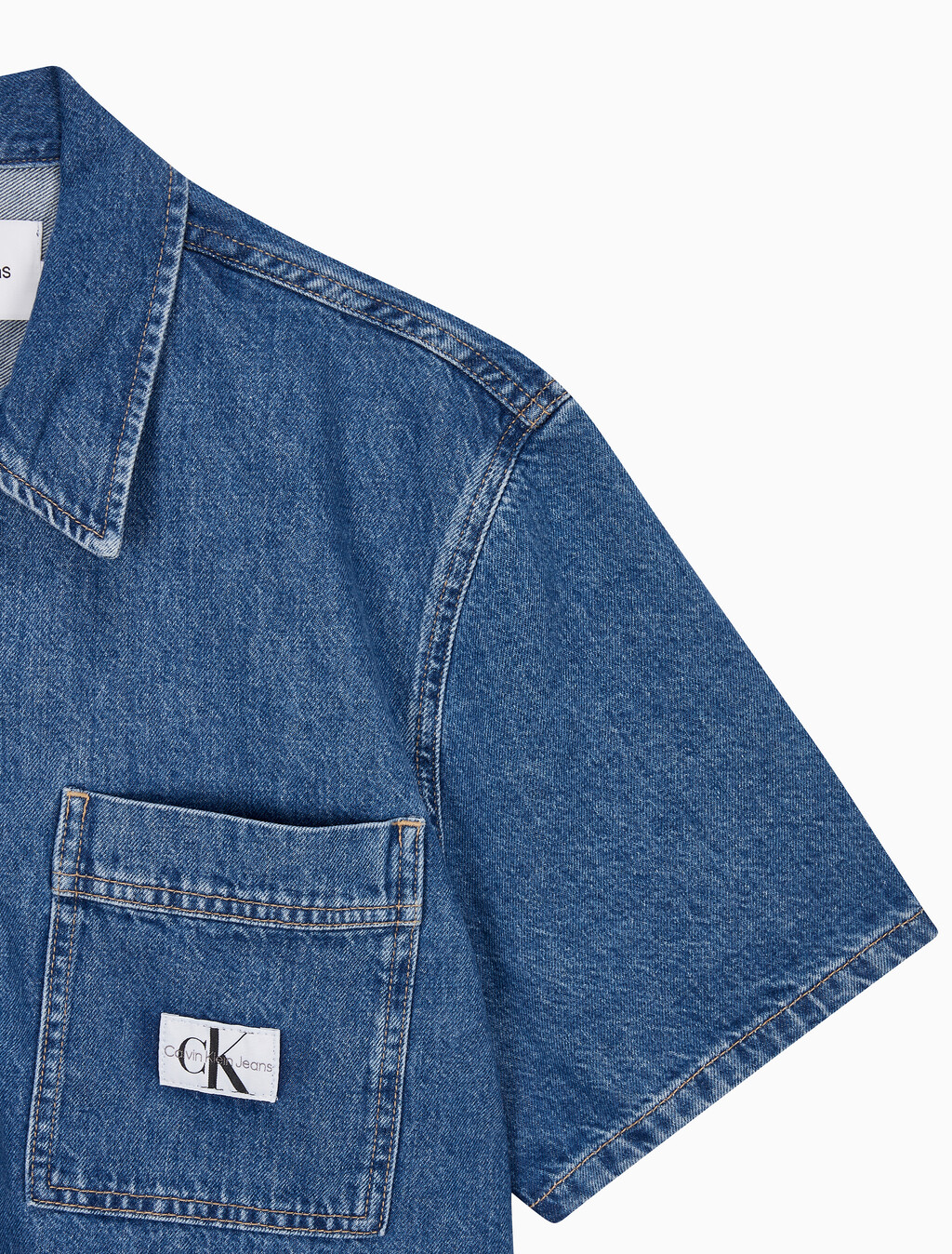 Buy 남성 데님 캠프 반팔 셔츠 in color MID BLUE BACK EMBRO