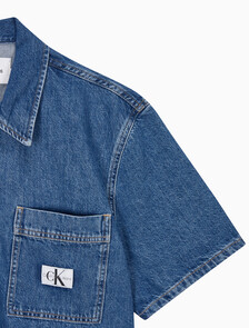 Buy 남성 데님 캠프 반팔 셔츠 in color MID BLUE BACK EMBRO