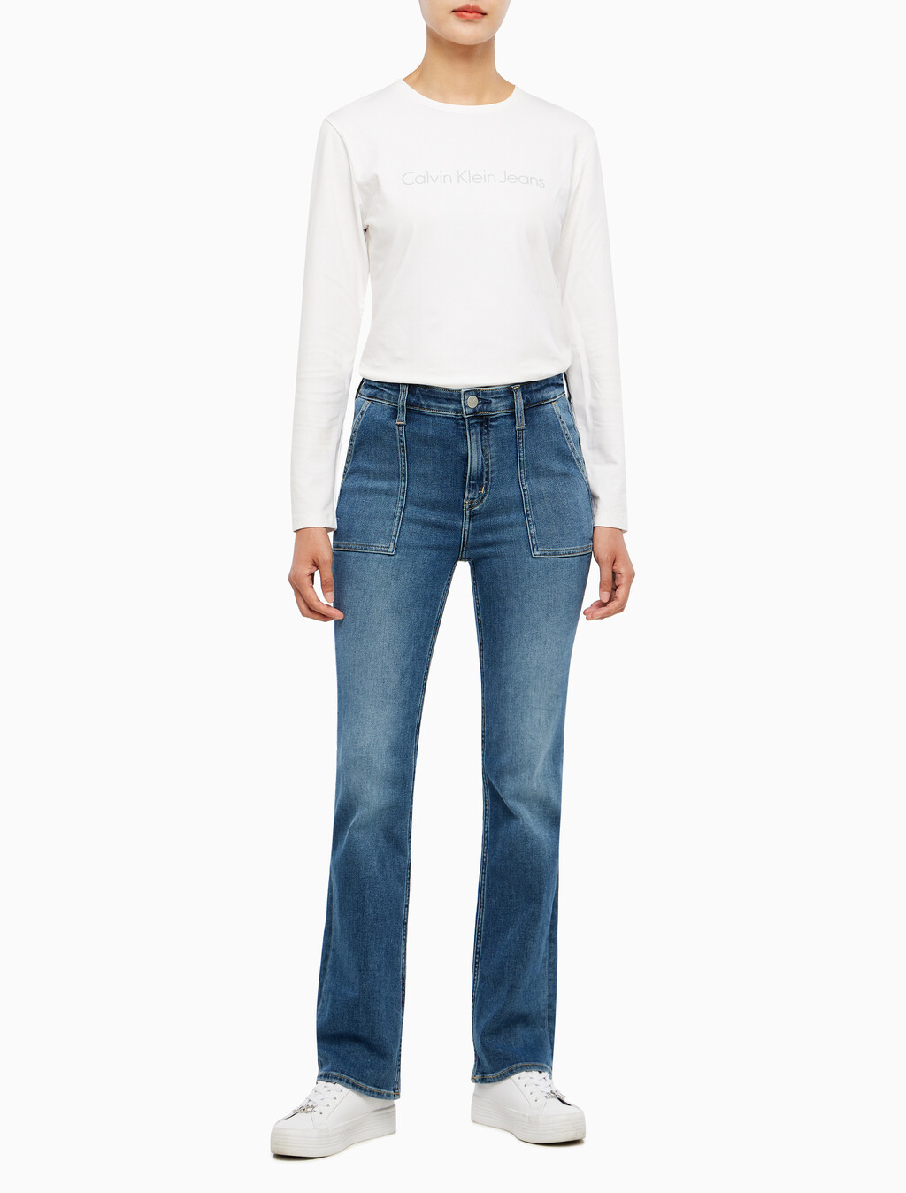 Buy 여성 하이라이즈 슬림 부츠핏 앵클 미드블루 이탈리안 데님 in color MID BLUE BACK EMBRO