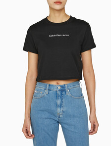 Buy 여성 레귤러핏 크롭 로고 반팔 티셔츠 in color CK BLACK